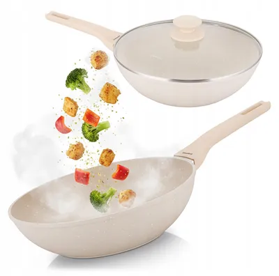 Zdjęcie produktu dla Patelnia wok z pokrywką 28 cm indukcja gaz nieprzywieralny beżowy