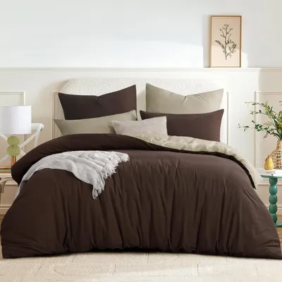 Zdjęcie produktu dla Omgoods - Komplet pościeli 3-częściowy, 200 x 200 cm, mikrofibra, kolor brązowy i khaki