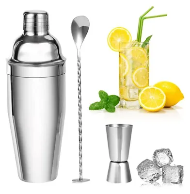 Produktbild von Cocktail Shaker Set, 750ML Cocktailshaker Set, 3 Stück Edelstahl Cocktail Mix Set, mit Messbecher und Barlöffel, Bar Zubehör Set, Mischgetränke Shaker für Zuhause Bar Partei Papa Männer