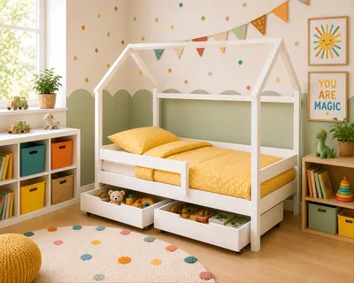 Zdjęcie produktu dla Łóżeczko dziecięce Bella 140x70 z zabezpieczeniem przed wypadnięciem i stelażem z listew, białe, 70 x 140, dla dziewczynek i chłopców, z materacem i szufladami