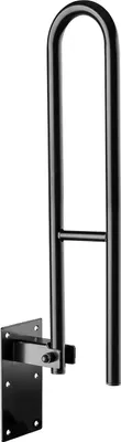 A black grab bar mounted on a black bracket against a white background.