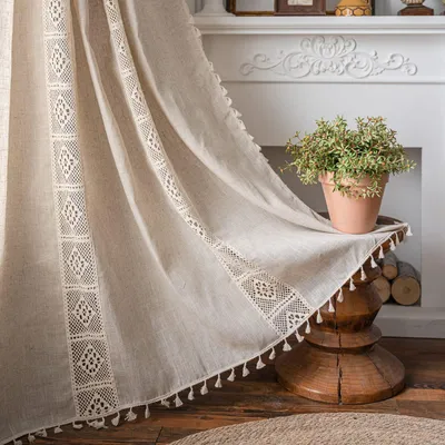 Häkelspitzen-Vorhang Beige 213 cm, 2 Paneele, Boho