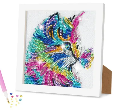 Image de Kit de peinture diamant 5D avec cadre en bois, motif chat, peinture à faire soi-même par numéros, idéal pour adultes