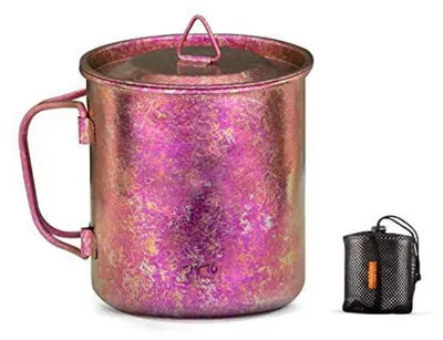 Produktbild von Titan Tasse 450 ml faltbarer Griff Deckel ultraleicht tragbar für Camping Outdoor Wandern Rosarot