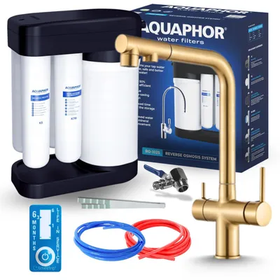 Produktbild von Ari 3-Wege-Küchenarmatur Venom, Messing, Ausziehbare Spültischarmatur Im Set Mit Aquaphor Wasserfiltersystem, Untertischanlage