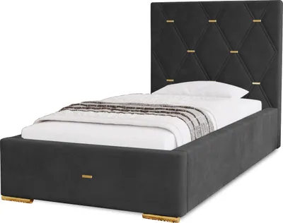 Produktbild von Polsterbett Golden Premium 90x200 cm, Bett mit Kopfteil, Doppelbett mit Bettkasten, Matratze und Lattenrost aus Holz, Velourstoff: Dunkelgrau