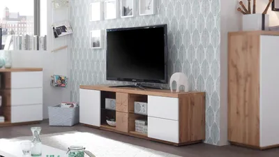 Produktbild von TV-Board HELSINKI Lowboard in weiß matt Lack und Eiche