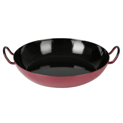 A red and black frying pan with two handles, shown from a slightly elevated front-facing angle against a white background.