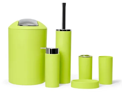 Produktbild von 6tlg Badset Badezimmer Zubehör Set Organizer: (Grün Design 2a) Seifenspender, Zahnputzbecher, Kosmetikeimer, WC Bürste, Seifenschale, Mülleimer