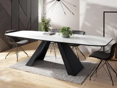 Produktbild von Esstisch Monte im Modern Stil, Rechteckiger Tisch - Ausziehbar von 160 cm bis 200 cm, Pulverbeschichtete Schwarze Metallbeine - 160 x 80 cm - Weiß