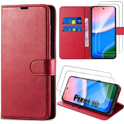 Image de Coque + 2 Verres Trempés pour Google Pixel 10, Protection Rabat Cuir Synthétique Antichoc Anti-Rayures Rouge