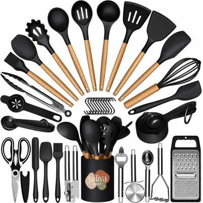 Produktbild von Küchenhelfer Set 48 Teilig Küchenutensilien Kochbesteck Hitzebeständig Schwarz 12 Küchenhelfer mit Reibe Schere Schneebesen YaLiva_Decor®
