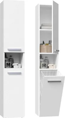 Produktbild von Adgo Badezimmerschrank Hochschrank NEL III, Glänzend Weiß, 31x30x174 cm, mit integriertem Wäschekorb, zwei Türen, ein Regal