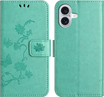 Produktbild von iPhone 16 Hülle - Coverup Blumen & Schmetterlinge Klapphülle - Mintgrün