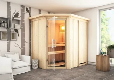 Produktbild von Plug & Play Sauna Karibu Laja ohne Ofen mit Dachkranz und Ganzglastüre aus Klarglas