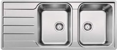 A top-down view of a double stainless steel sink with a draining board.