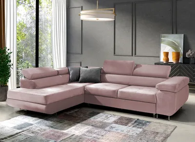 Produktbild von Ecksofa in L-Form "Mediolan", L-förmige Eckcouch mit Schlaffunktion, ausziehbares Sofa, 1 Bettzeugbehälter, verstellbare Kopfstützen, (Kronos 27)