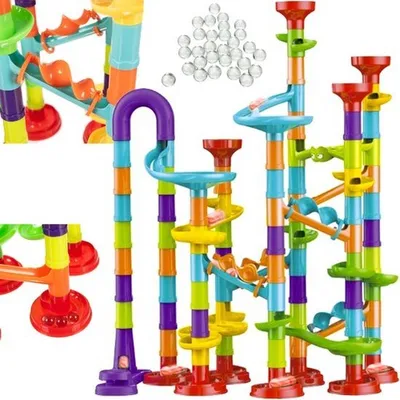 Produktbild von Playos® Knikkerbaan 113-teilig mit 30 Knikkers – Konstruktionsspielzeug für Kinder – STEM Lernspielzeug