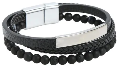 Produktbild von Herren Armband 3 Strang, Lavasteinperlen, Leder mit Magnetverschluss, schwarz, 21x2cm