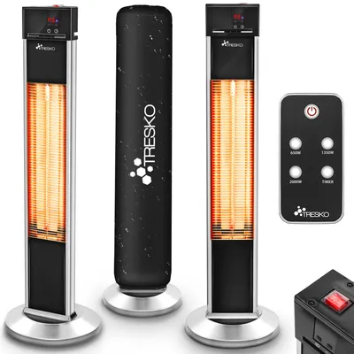 Image de TRESKO Chauffage radiant infrarouge sur pied 2000W avec télécommande & couvercle | Chauffage radiant électrique pour terrasse avec 3 niveaux de chauffage | Chauffage radiant pour terrasse intérieur & extérieur | Chauffage radiant infrarouge avec affichage LED