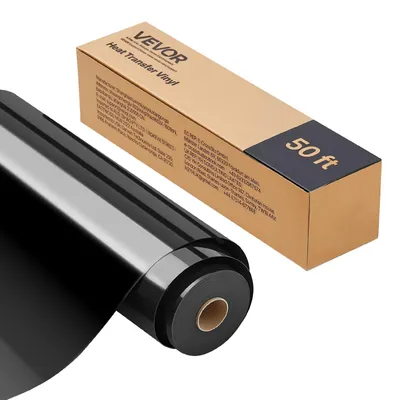 Productafbeelding van VEVOR Vinylfolie voor warmteoverdracht, transferfolie (304,8 x 15240 mm), glanzende zwarte HTV-bühelfolie, compatibel met snijmachines, geschikt voor verschillende materialen zoals T-shirts, kussens en hoeden