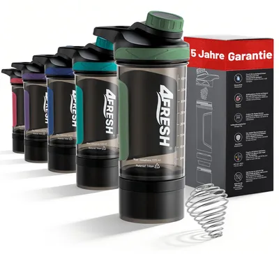 Produktbild von 4FRESH Protein Shaker Flasche 500 ml aus Tritan - BPA-Frei mit Skala & Magnetverschluss, Spiralmixer & Aufbewahrungsbox für Pulver & Kapseln