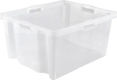 A clear plastic storage box with handles is shown against a white background.