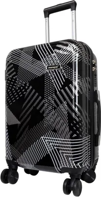 A black suitcase with a geometric pattern, shown from a slightly diagonal front view, with its handle extended.
