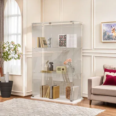 Produktbild von ProximaX Doppeltür-Glasvitrine mit 3 Ebenen, LED-Beleuchtung, weißer Boden, hochtransparentes gehärtetes Glas, einfache Montage, stilvolle Präsentation