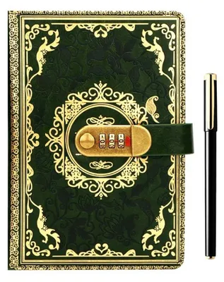 Immagine prodotto di Diario con chiusura a lucchetto, formato A5, in ecopelle, con 200 pagine, colore verde, e penna ricaricabile