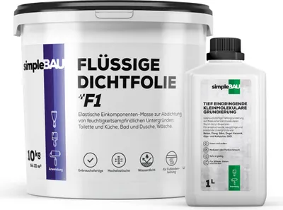 Produktbild von SimpleBau Dichtmasse Wasserdicht F1 10 kg und Tiefengrund 1L , Abdichtmasse und Grundierungssystem für Bad, Dusche, Fliesen und Fußbodenheizung