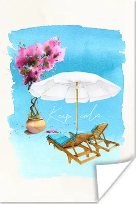 Produktbild von MuchoWow® Poster Strandkorb - Blumen - Sonnenschirm - Zeichnung 80x120 cm - Papierdruck