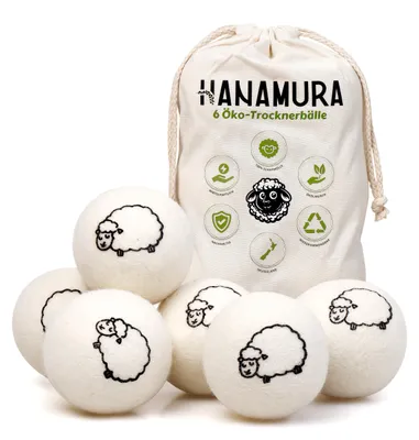 Produktbild von Hanamura Trocknerbälle - 6 Wäschetrocknerbälle aus 100% Schafwolle - Inklusive Aufbewahrungsbeutel