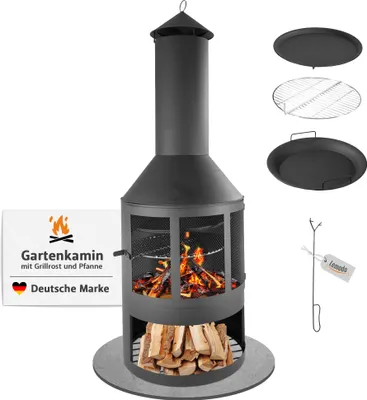 Produktbild von Gartenkamin mit Grillrost und Pfanne, Outdoor-Kamin mit Funkenschutztür, 136 cm hoch