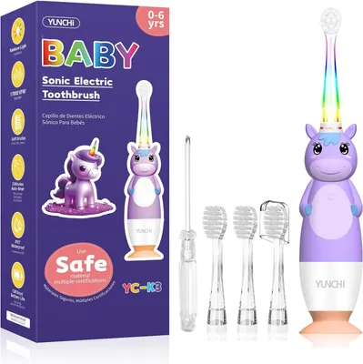 Produktbild von Elektrische Zahnbürste Kinder ab 0-6 Jahre Baby mit buntem LED Licht Smart Timer Kinderzahnbürste Kleinkind Schallzahnbürste mit 4 Weiche Bürstenköpfe