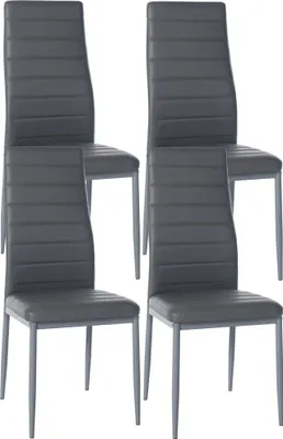 Four gray dining chairs are arranged in a studio setting against a white background.