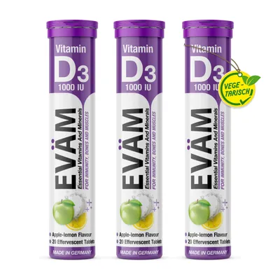 Produktbild von EVÄM Vitamin D3 Brausetabletten, 3er Pack, hochdosiert, Apfel-Zitrone, Immunsystem, Knochen & Muskeln, vegetarisch, hergestellt in Deutschland