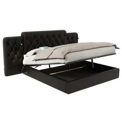 Produktbild von LVHOM Polsterbett 160x200cm mit Leselampen und USB, Hydraulisches Boxspringbett mit Bettkasten, Doppelbett Kunstleder, Funktionbett, Schwarz