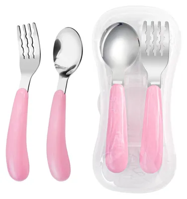Immagine prodotto di Set di forchetta e cucchiaio per bambini, con custodia da viaggio, 2 pezzi, acciaio inossidabile 18/8, rosa