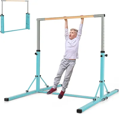 Obrázek produktu pro KOMFOTTEU dětská gymnastická tyč, gymnastická tyč s nastavitelnou výškou 13 kroků, horizontální tyč z oceli a dřeva, světle zelená