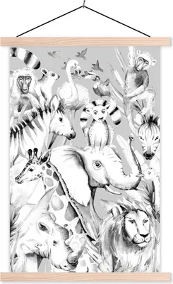 Produktbild von MuchoWow® Textilposter Wasserfarben - Tiere - Flamingo - Elefant - Jungen - Blau - Kinder - Kind 40x60 cm mit holzfarbenen Rahmen - Poster