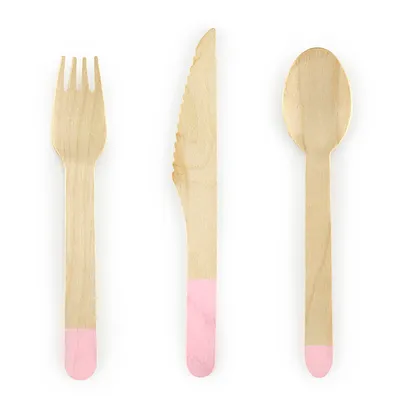 Produktbild von PartyDeco SDR1-081J, 6 Person(en), Einweggabel, Einwegmesser, Einweglöffel, Holz, Pink, Holz, Einfarbig, 160 mm
