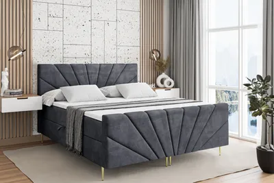 Produktbild von ALTDECOR Boxspringbett mit Gold Füßen, Matratze und Lattenrost, Topper, Fußteil, Polsterbett mit Bettkasten, Bett mit Stauraum H4-Matratze, Doppelbett - MILTIO-FZ-Z - 200x200 - Dunkelgrau Casablanca