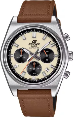 A close-up studio shot of a men's chronograph watch with a leather strap.