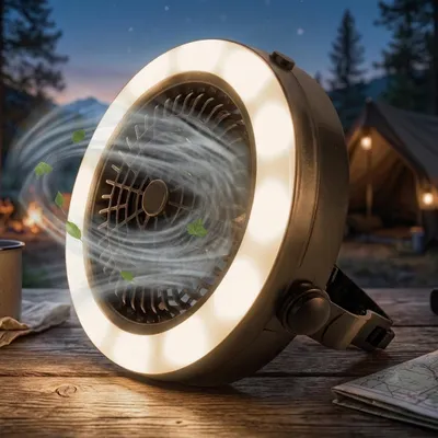 Image de Lampe de camping 2 en 1, lumière blanche froide avec ventilateur, alimentée par batterie - 18 cm - Mini ventilateur de tente portable avec éclairage LED