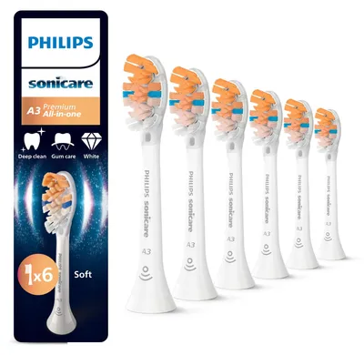 Obrázek produktu pro Philips Premium All-in-One HX9096/87 Balení 6 ks hlavic kartáčku, 6 kusů, Bílá, 3 měsíc/ů, Měkké, 62000 pohybů za minutu, Philips