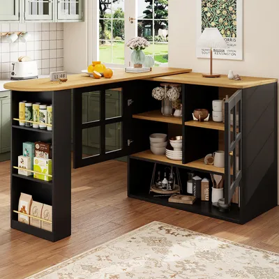 Produktbild von STILVORA Bartisch mit stauraum,360° drehbare Esstisch mit Snackregal,Sideboardschrank Buffetschrank mit Regalen und Glas