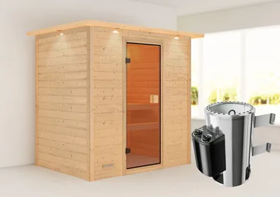 Produktbild von Karibu Sauna Innensauna Selena Fronteinstieg Ofen 3,6 kW intgr. Strg 223x159x191 cm mit Dachkranz