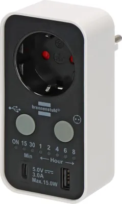 Produktbild von Brennenstuhl Countdown Timer-Steckdose mit USB A und USB C schwarz/weiß IP20