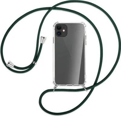 Produktbild von Handykette Backcover-Schutzhülle mit Band (Metall silberfarben) für Apple iPhone 11 - dunkelgrün